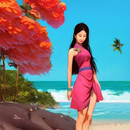 Image similar to asian sun goddess wearing modern clothing, portrait,! sundress!,! high ponytail!, slice of life, modern instagram influencer, beach and ocean in the background, highly detailed, digital painting, artstation, concept art, sharp focus, illustration, cinematic lighting, art by artgerm and greg rutkowski and alphonse mucha