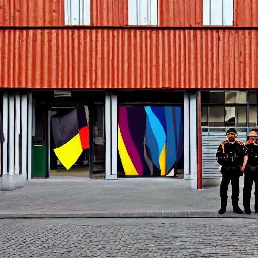 Image similar to istock organic by j. m. w. turner, by okuda san miguel. the mixed mediart of a police station in the lithuanian city of vilnius. in the foreground, a group of policemen are standing in front of the building, while in the background a busy street can be seen.