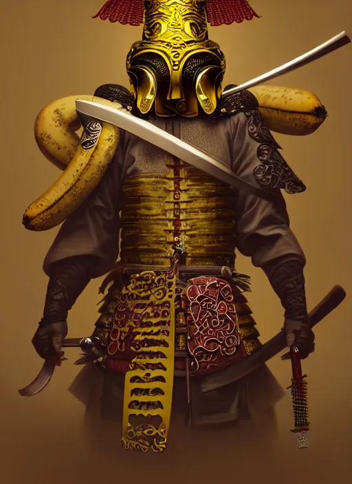 Image similar to a anthropomorphic banana wearing samurai armor, diffuse lighting, fantasy, intricate, elegant, highly detailed, lifelike, photorealistic, digital painting, artstation, illustration, concept art, smooth, sharp focus, art by john collier and albert aublet and krenz cushart and artem demura and alphonse mucha