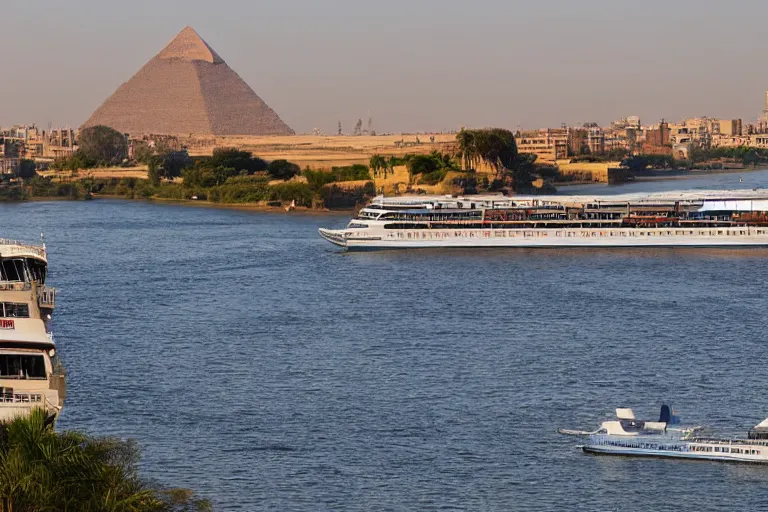 Prompt: realistic photo of the river nile, with the pyramids of giza in the background, a river flowing through the scene, cruise ship in the foreground, sunshine