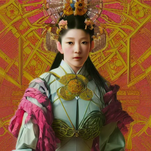 Image similar to a highly detailed portrait of a futuristic japanese princess, neon colored dress, beautiful detail and color, art by john collier and albert aublet and krenz cushart and artem demura and alphonse mucha, volumetric lighting, octane render, 4 k resolution, matte, sharp focus, illustration, art by jacque - louis david, baroque style