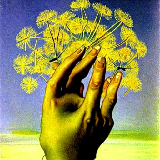 Prompt: a hand with dandelions growing out of it, by salvador dali