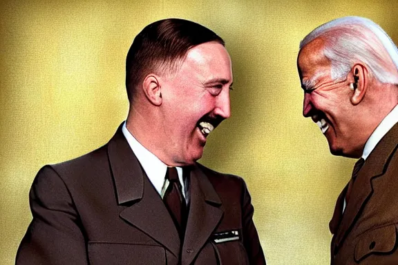 Image similar to “ very very intricate photorealistic photo of hitler and joe biden laughing together, detailed natural lighting, award - winning crisp details ”