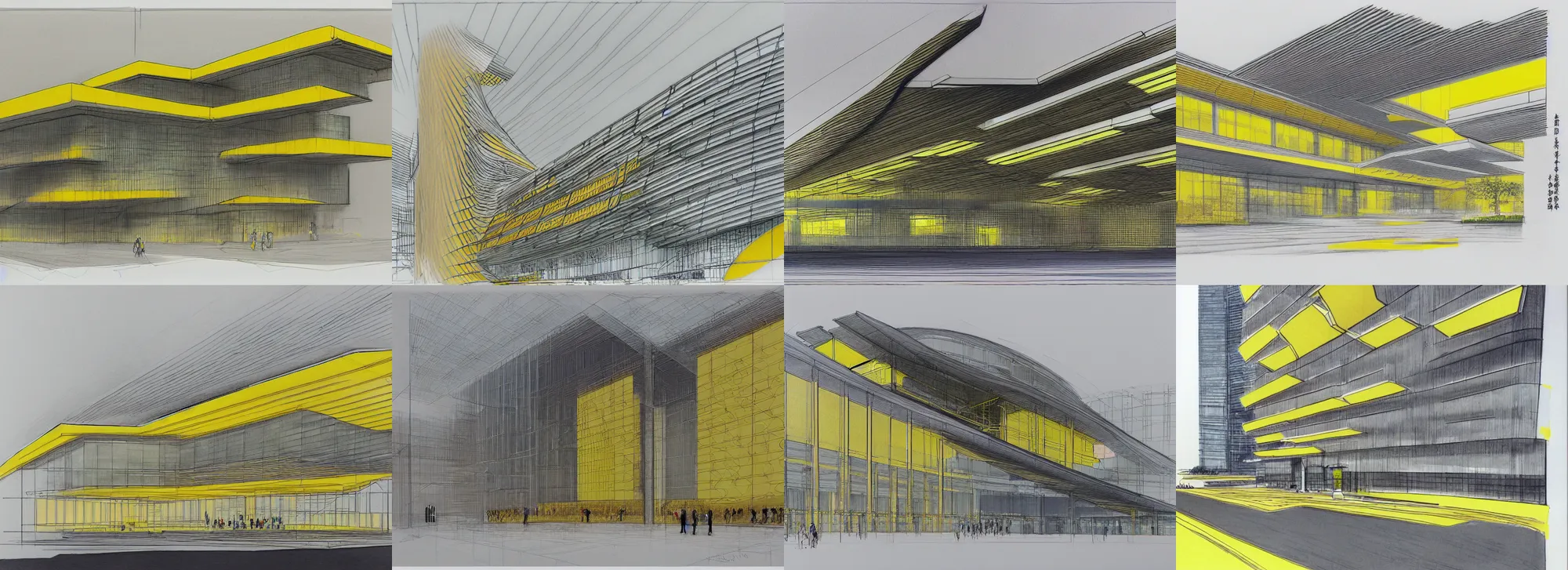 Prompt: architectural perspective sketch of facade of the cyberpunk japanese by norman foster + zaha hadid, pastel color, extremely detailed, architecture drawing, drawing, line drawing, pastel color, yellow and ornage color scheme
