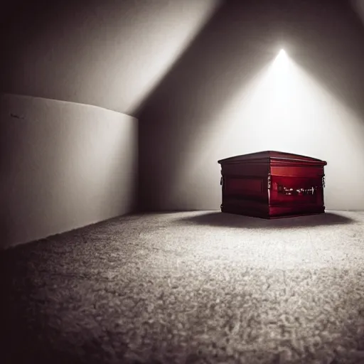 Image similar to a room with an open coffin in the middle of the room. flooding with red wine. shaft of light shines down from above