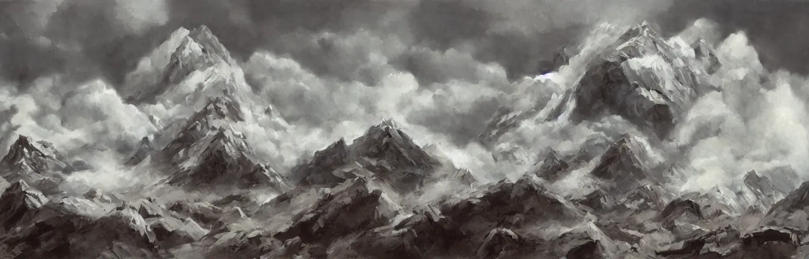Prompt: A jagged mountain range earthquake, clouds, illustration, detailed, smooth, soft, cold, by Adolf Lachman, Shaun Tan, Surrealism