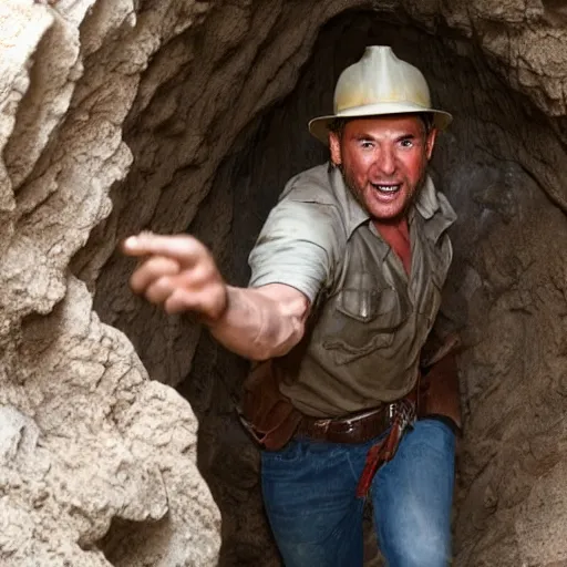 Image similar to indiana jones in a cave being chased by an builder