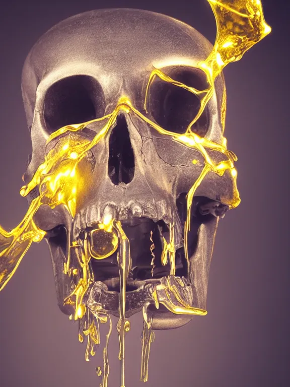 Image similar to photograph of a cyborg skull, glowing technical parts, golden fluid dripping down, studio lighting, 4k