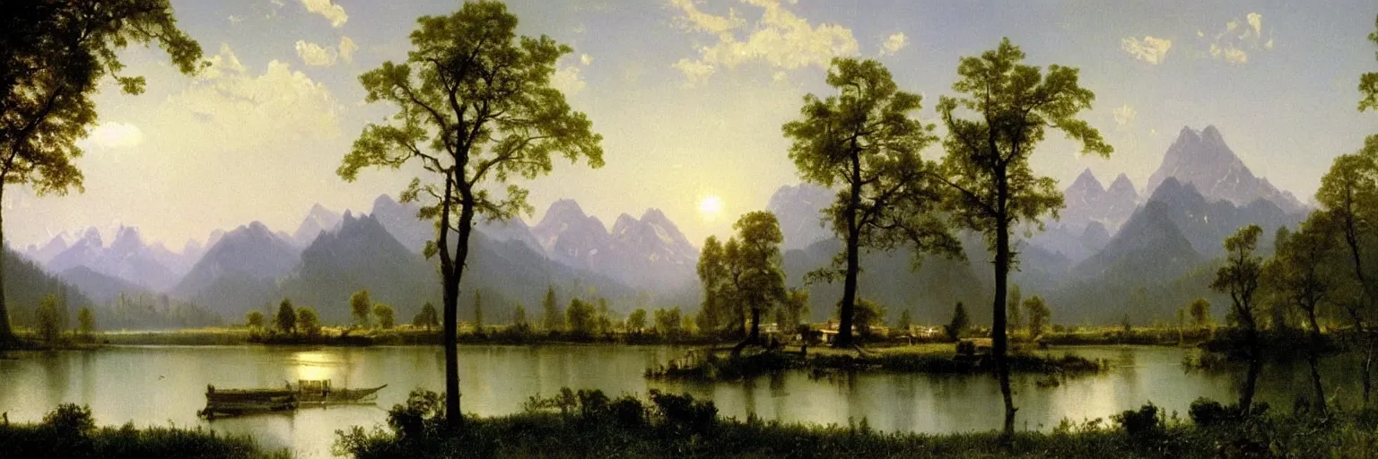 Image similar to beautiful albert bierstadt landscape painting of beautiful mountains and lakes with a mcdonald ’ s fast food restaurant in the scene