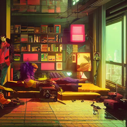 Image similar to the cyberpunk apartment, render, octane, 4k, highly detailed, vivid colors, high definition, by Victo Ngai