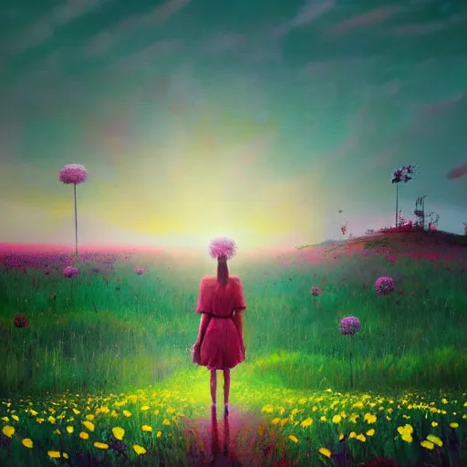 Image similar to giant daisy flower as a head, girl walking in flower field, surreal photography, sunrise, dramatic light, impressionist painting, colorful clouds, digital painting, artstation, simon stalenhag