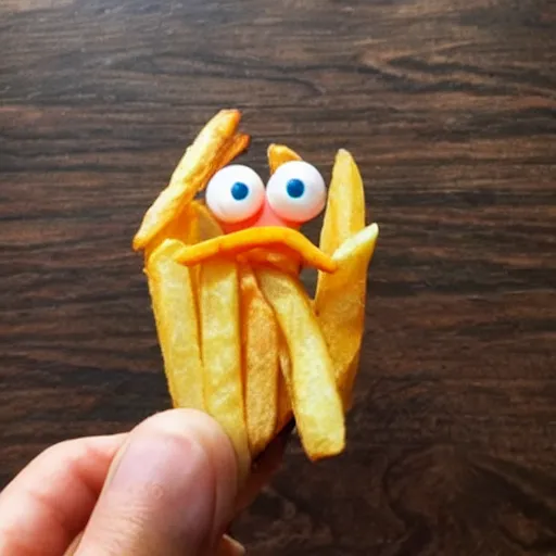 Image similar to photo of [ a single salted french fry chip ] shaped like that looks like stephen fry as a pixar character hybrid intercross mix cinematic lighting