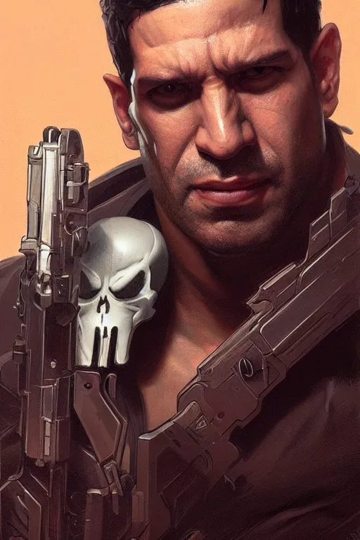 Image similar to rayan reynolds as punisher, portrait, skull on the chest, highly detailed, digital painting, artstation, concept art, smooth, sharp focus, illustration, cinematic lighting, art by artgerm and greg rutkowski and alphonse mucha