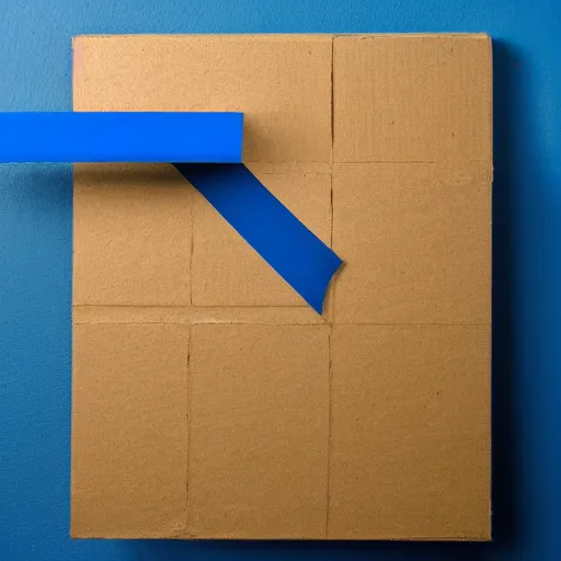 Prompt: a piece of cardboard with a grid of blue tape on it leaning on a gray wall, realistic painting