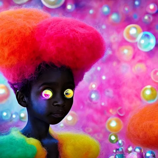 Image similar to a black girl with big beautiful eyes and a colorful afro playing with bubbles in the candy forest, bright colors, synthwave, watercolor, volumetric wool felting, felt, macro photography, children illustration, global illumination, radiant light, detailed and intricate environment, by goro fujita, bokeh!!!!