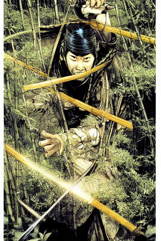 Prompt: samurai general in dark japanese bamboo forest with light shafts, by travis charest, jesper ejsing