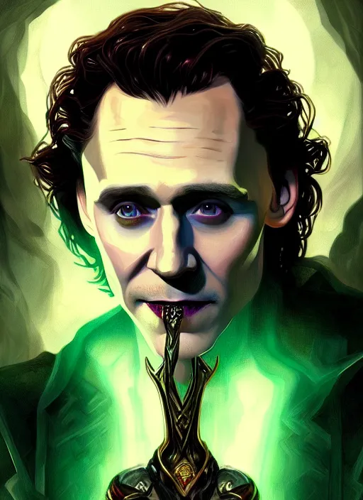 Image similar to portrait of tom hiddleston as a sultry vampire lord, loki, jewelry, greek, emerald, intricate, headshot, highly detailed, digital painting, artstation, concept art, sharp focus, cinematic lighting, illustration, art by artgerm and greg rutkowski, alphonse mucha, cgsociety