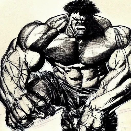 Prompt: Yoji Shinkawa drawing of The Hulk eating a bike