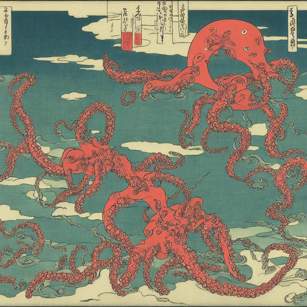 Image similar to Robot!!!! fighting octopus in front of Mt Fuji, cherry blossoms, Ukiyo-e by Utagawa Kuniyoshi