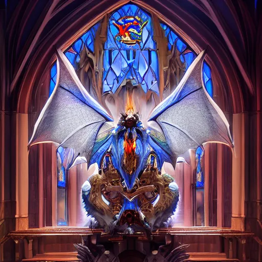 Prompt: Blue-Eyes White Dragon with the body of stained glass cathedral gothic architecture detailed phisiology yugioh anime collosal monolithic high definition ultra realistic 8k octane render on artstation golden hour detailed concept art, Eddie Mendoza, Dan Mumford, Craig Mullins