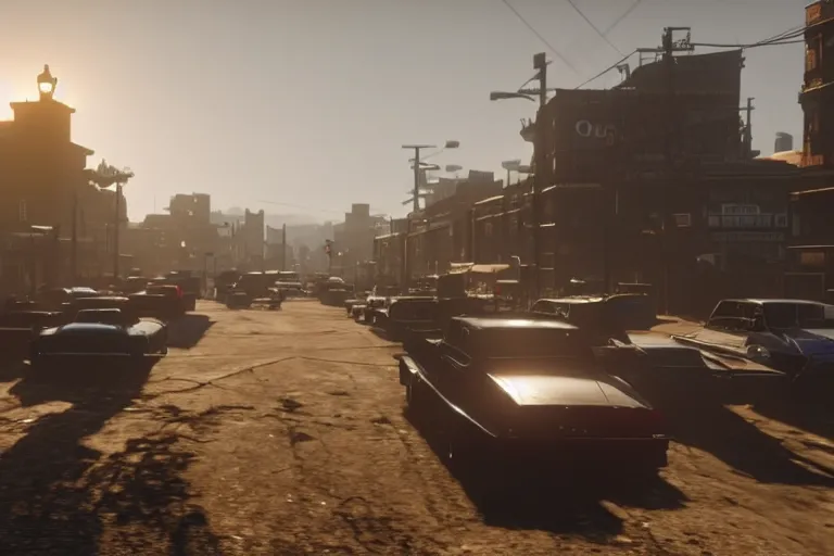 Prompt: A huge modern city in red dead redemption 2, cars instead of horses, no horses, cars, modern