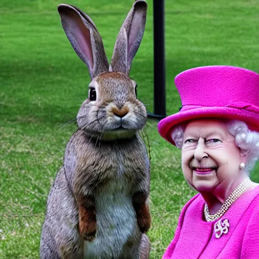 Image similar to a rabbit posing with Queen Elizabeth II in a park