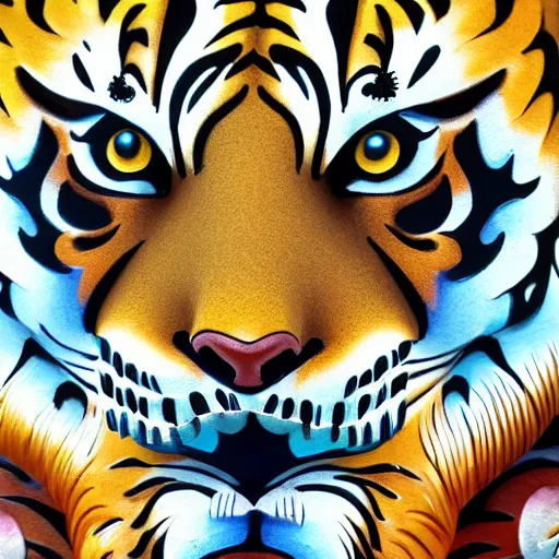 Prompt: coloured balinese sculpture breathtakingly cool beautiful stylised ornate tiger, extreme closeup, isometric perspective, 8 k artstation