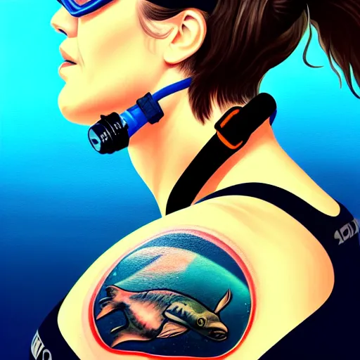 Image similar to a profile photo of a diver with diving helmet with tattoos on arm and neck, side profile in underwater, highly detailed, digital painting, artstation, sharp focus, illustration by Sandra Chevrier