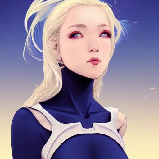 Image similar to a beautiful portrait of a beautiful cute kawaii superhero woman, blonde hair, matte navy - blue bodysuit, white cape, intricate, elegant, 8 k, highly detailed, digital painting, concept art, smooth, sharp focus, illustration, disney, anime, by artgerm and loish and wlop and alphonse mucha