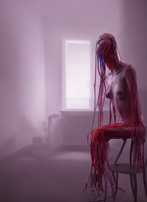 Prompt: rgb, woman, bedroom full of fire, rage, cinematic, movie scene, inspired by zdzislaw beksinski, clothes made out of veins,, cables everywhere, bedroom, ultra realistic, concept art, intricate details, highly detailed, photorealistic, octane render, 8 k