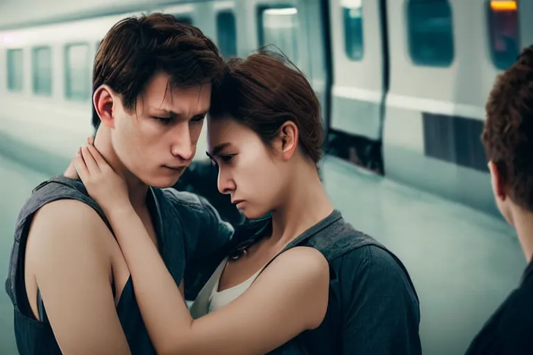 Image similar to vfx film closeup couple in a train station flat color profile low - key lighting award winning photography arri alexa cinematography, hyper real cinematic beautiful natural skin, famous face, atmospheric cool colorgrade