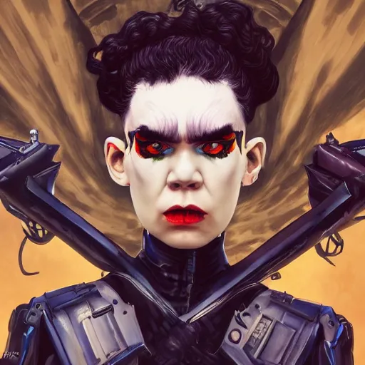 Image similar to wide shot of Grimes as a highly detailed super villain character, trending on artstation, concept matte