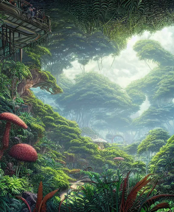 Image similar to an enormous conservatory, overgrown with huge weird ferns and exotic fungus, on an ocean cliff side, noon, sun drenched, partly cloudy, by dan mumford, yusuke murata, makoto shinkai, ross tran, cinematic, unreal engine, cel shaded, featured on artstation, pixiv