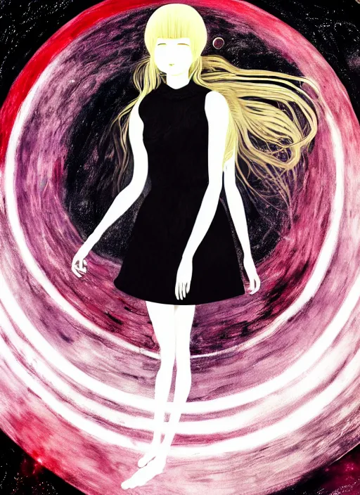 Prompt: highly detailed portrait of a hopeful pretty astronaut lady with a wavy blonde hair, by Hilma AF Klint , 4k resolution, nier:automata inspired, bravely default inspired, vibrant but dreary but upflifting red, black and white color scheme!!! ((Space nebula background))