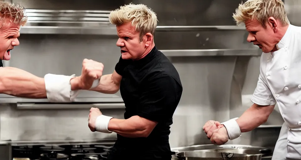 Image similar to photo of angry furious Gordon Ramsay punching Gordon Ramsay at the kitchen