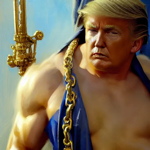 Image similar to detailed realistic cinematic wide shot of beautiful attractive muscular donald trump with gold chain wearing blue bath robe slim face symettrical face clean skin black eyes black robe smooth, sharp focus, ultra realistic, spring light, painting by gaston bussiere, craig mullins, j. c. leyendecker