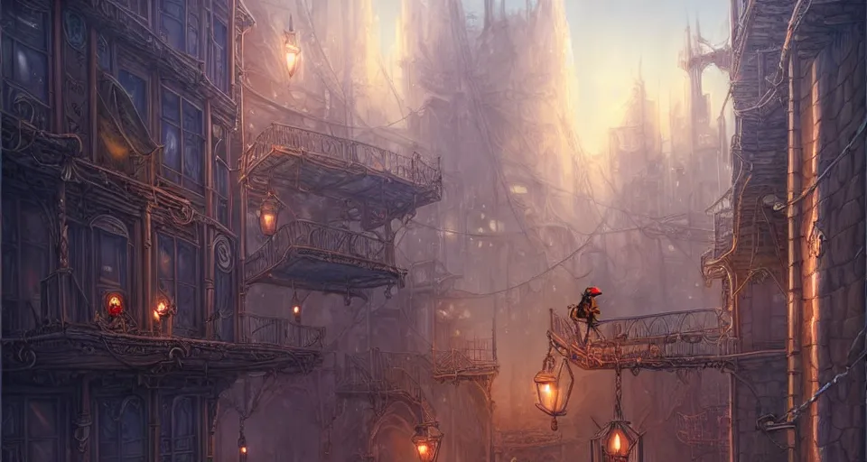 Prompt: landscape painting of fantasy metal steampunk city that has a light blue glow with walkways and lit windows and a fine detailed hooded thief in browns leathers climbing one of the tall buildings using a rope, fine details, magali villeneuve, artgerm, rutkowski