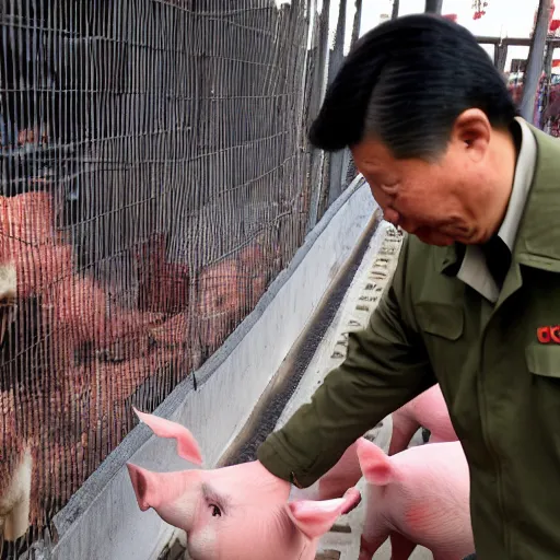 Image similar to xi jinping shocking pigs in slaughterhouse, shock stick