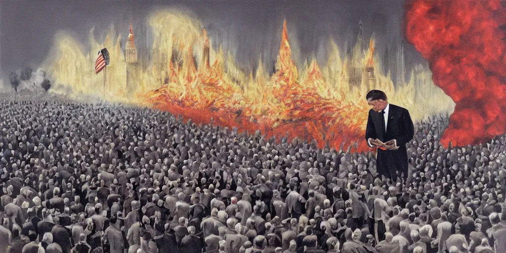 Image similar to United States President viewing the Capital Burn, 1958, Oil on Canvas, Antiwar, full body, dramatic, surreal, digital art