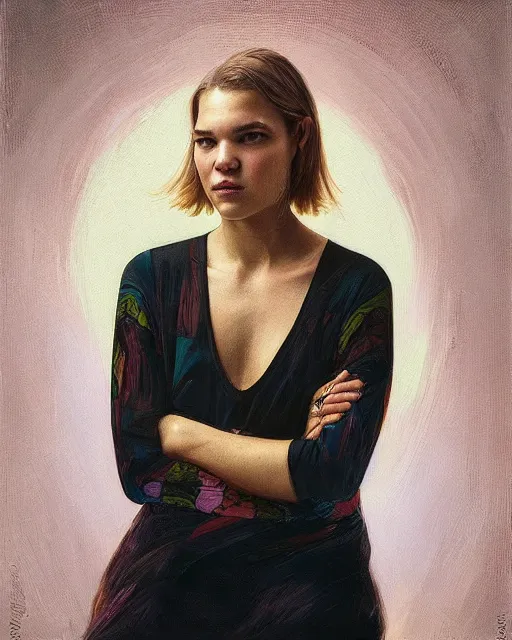 Prompt: portrait of Tove Styrke by Mandy Jurgens and Richard Schmid and chuck close and mucha