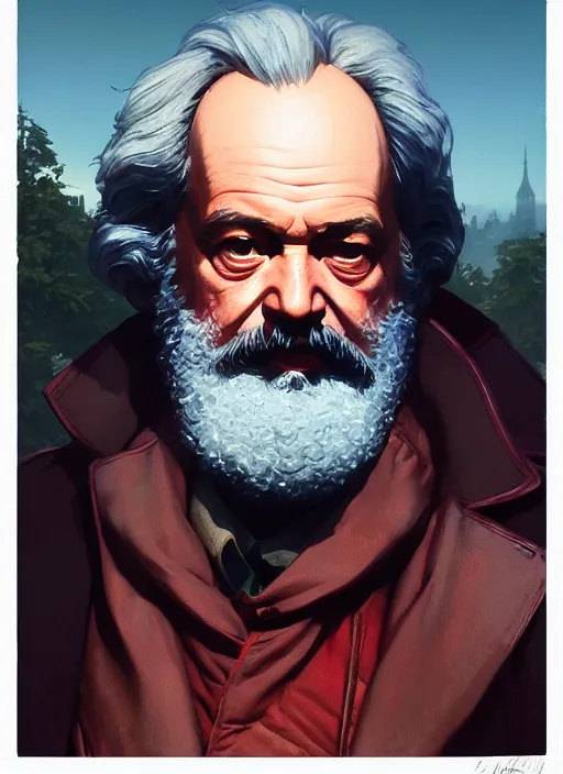 Image similar to highly detailed portrait karl marx in gta v, stephen bliss, unreal engine, fantasy art by greg rutkowski, loish, rhads, ferdinand knab, makoto shinkai and lois van baarle, ilya kuvshinov, rossdraws, tom bagshaw, global illumination, radiant light, detailed and intricate environment