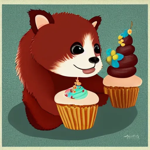 Image similar to an adorable red panda hugging a cupcake, digital art,