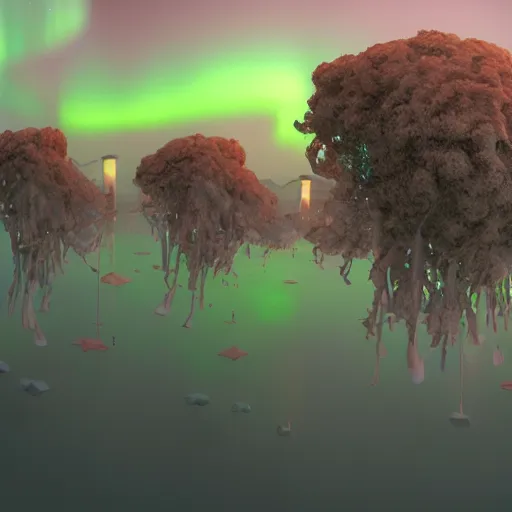 Image similar to panorama,utopia,science fiction,bio-inspired,organic,aurora,detailed,complex,pink hues,octane render