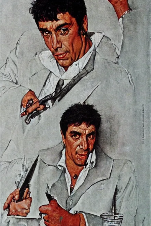 Image similar to Tony Montana from Scarface painted by Norman Rockwell