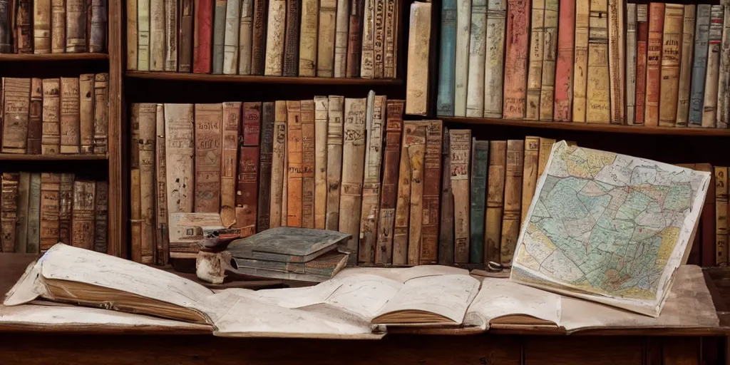 Image similar to a desk with maps and old books sitting in an old study that is dusty with cobwebs all over the surrounding bookshelves