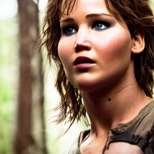 Image similar to first shot of jennifer lawrence in rambo remake, ( eos 5 ds r, iso 1 0 0, f / 8, 1 / 1 2 5, 8 4 mm, postprocessed, crisp face, facial features )