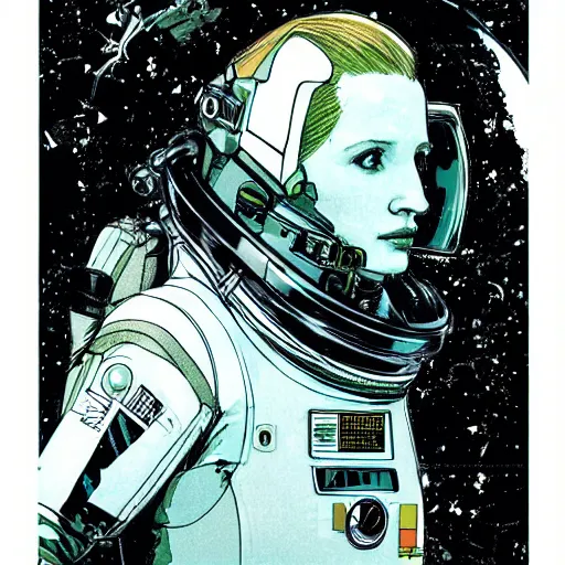 Image similar to portrait of Jessica Chastain as an astronaut character in the style of Death Stranding by Yoji Shinkawa and Ashley Wood