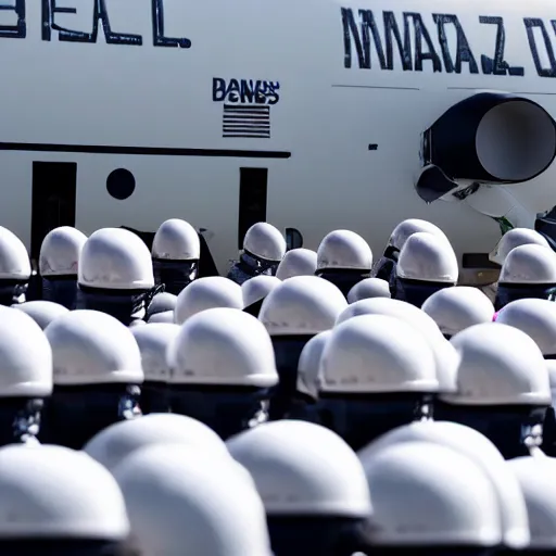 Prompt: a close up of a clone army of Jeff Bezos, preparing to board a large rocket. Hyper realistic, photojournalism.