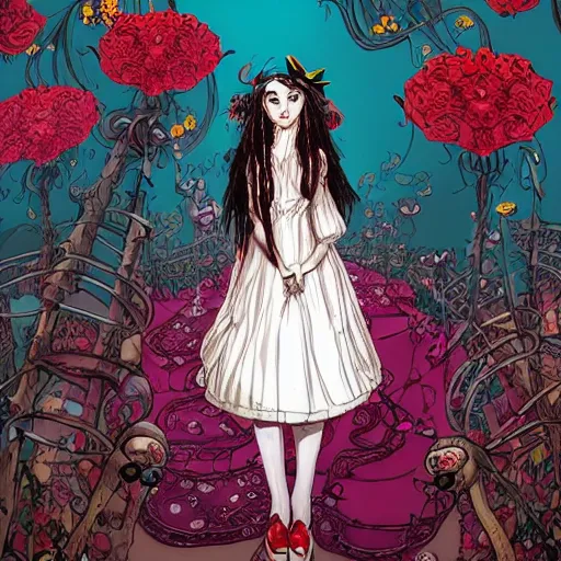 Prompt: Alice in Wonderland at the tea party, she looks like a mix of Grimes and zoë kravitz, very long fingernails, childlike, hair and dress billowing dramatically in the wind, wearing heaving stacks of pearl necklaces, surrounded by red and white roses, digital illustration, inspired by a stylistic blend of Aeon Flux, Japanese shoujo manga, and John singer Sargent paintings, hyper detailed, dreamlike, otherworldly and ethereal!!!!! delicate, flower petals, super photorealistic!! extremely fine inking lines, gradient colors