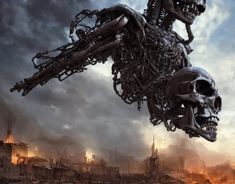 Image similar to terminator skull, destroyed town on background, fantasy artwork, very beautiful scenery, hd, hdr, ue 5, ue 6, unreal engine 5, cinematic 4 k wallpaper, 8 k, ultra detailed, by popular digital, details, beautiful image ever created, high resolution, artstation, award winning, detailed body, details face, realistic body proportions